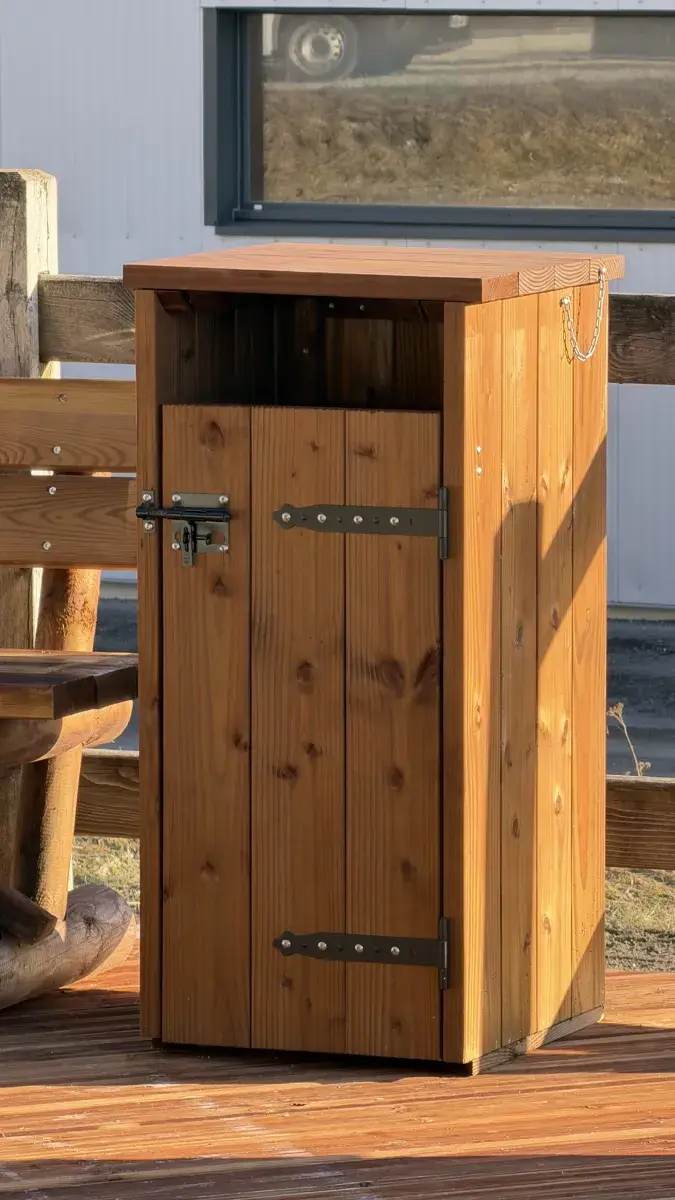 Corbeille de propreté en bois avec porte sur ferrures, mobilier urbain pour communes